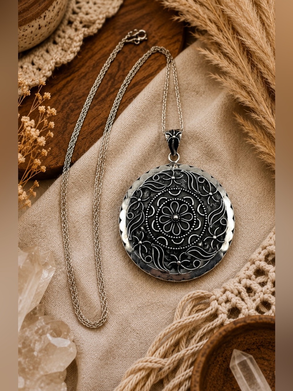 Doug Paulus Designer Sterling Silver Scrolled Floral Large Pendant Necklace